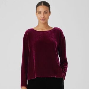 EILEEN FISHER Ballet Neck Velvet 3/4 Sleeve Top in Burgundy Size M